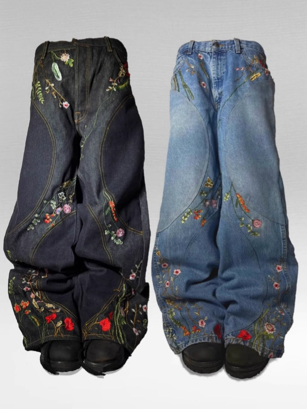 Men black Jeans Y2k Floral Embroidery Vintage Women Men Jeans Harajuku Black Washed Wide Leg Oversized Denim Pants Casual Streetwear