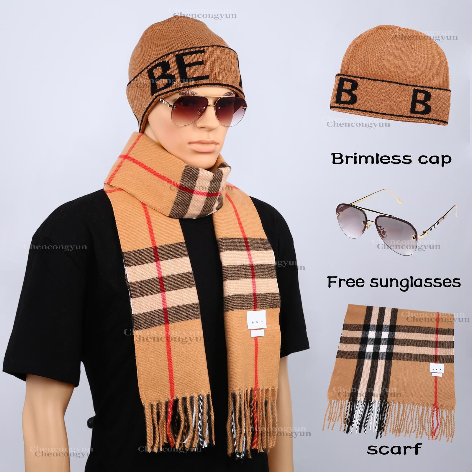 Con gafas de sol gratis, gorro de punto, bufanda y gafas de sol, conjunto de 3 piezas, gorro con puños con letras, bufanda con flecos a cuadros, con