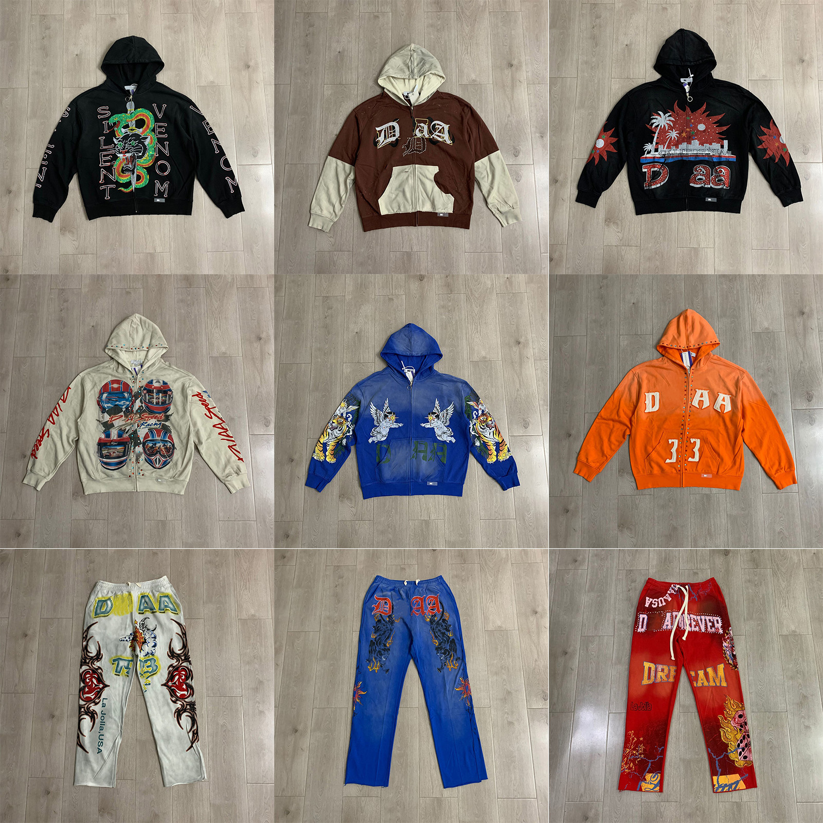 Designer Cotton Rhinestone Tracksuit Men Vintage Washed Zip up Graphic Hoodie Baggy Sweatpants Outfits Set for Men Streetwear