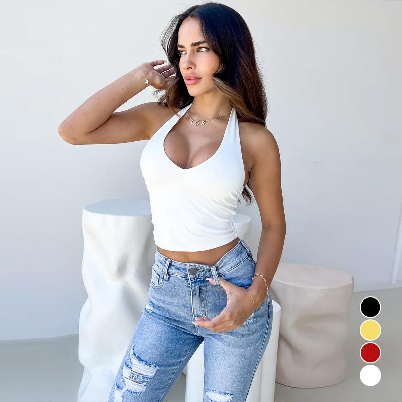 Designer Bestseller Women Sexy V Neck Halter Crop Top Sleeveless Backless Solid Slim Fit Milk Silk Club Party Basic Tops
