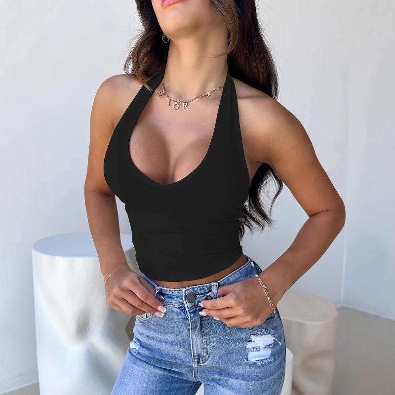 Designer Women Sexy V Neck Halter Crop Top Sleeveless Backless Solid Slim Fit Milk Silk Club Party Basic Tops