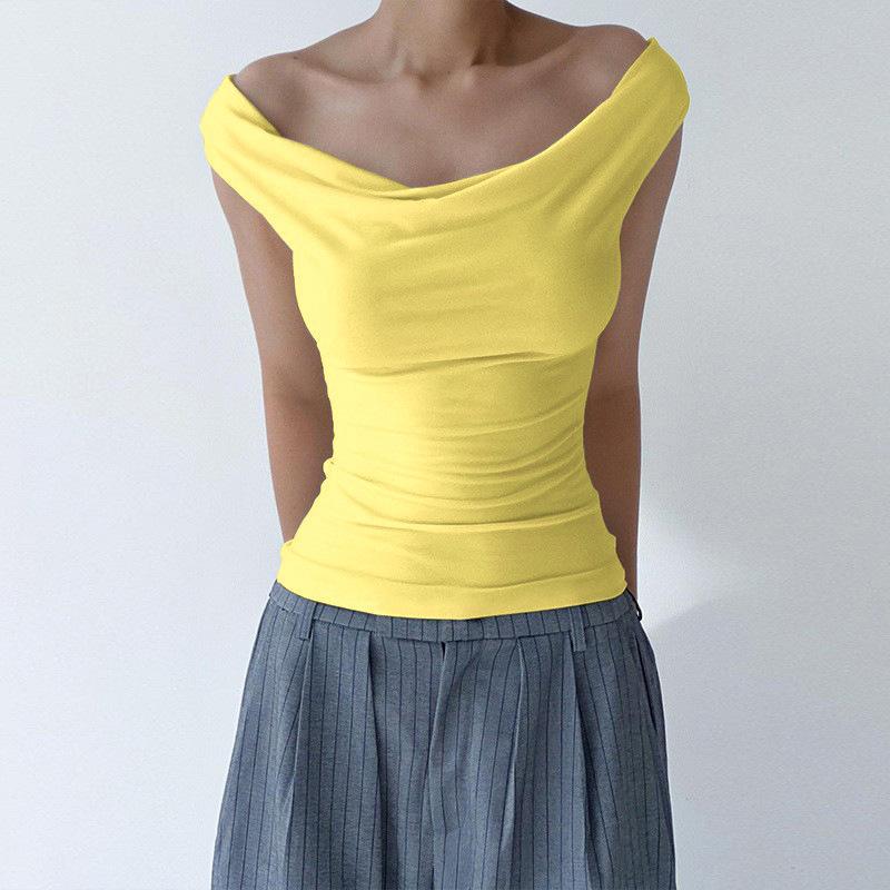 Designer Bestseller New Women Summer Sleeveless Off Shoulder Lace Up Tee Sexy Slim Fit Short Top Solid Light Yellow XS-L