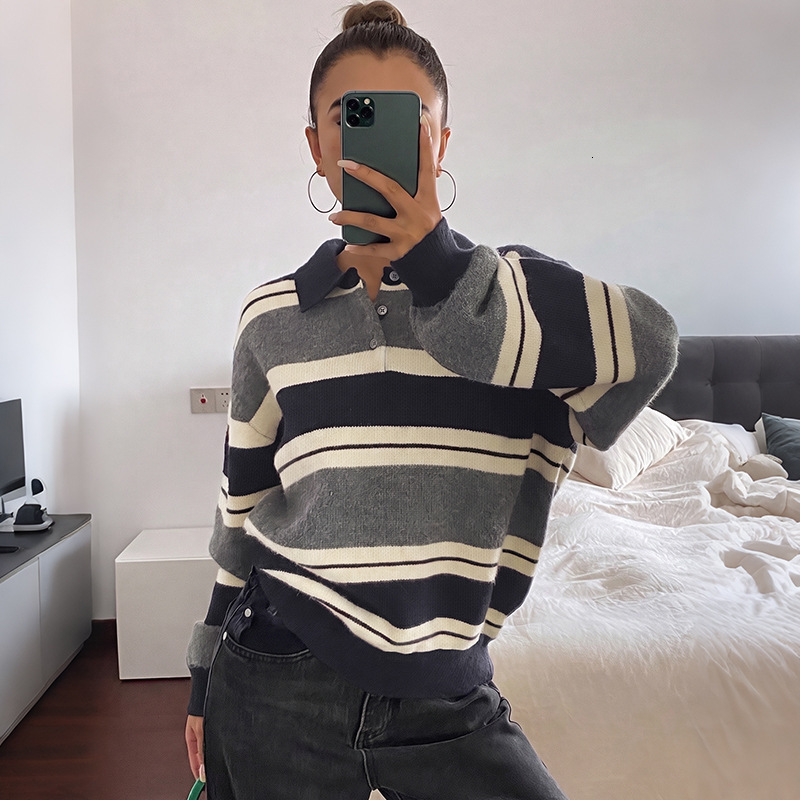 Designer 2026 Autumn And Winter New Casual Versatile Style Lapel Contrasting Fashion Color Loose Striped Long Sleeved Sweater