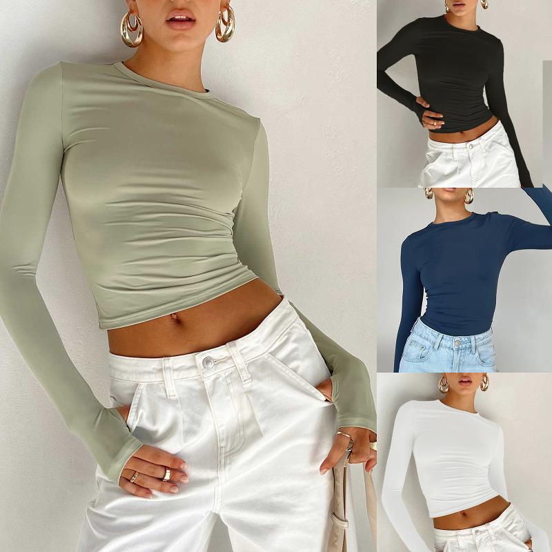 Designer Bestseller Women's Spring Solid Color Round Neck Long Sleeve Slim Fit Knit T-Shirt Casual Commuting Basic Top S M L