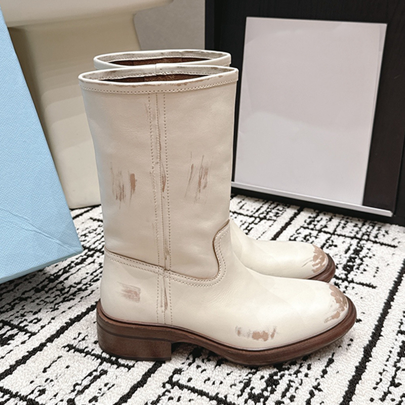 Designer Vintage Effect Leather Boots Elegant Screen Printed Logo Slip On Mid Calf Boots Ladies Round Toe Low Block Heel Cowboy Riding Boots Leather