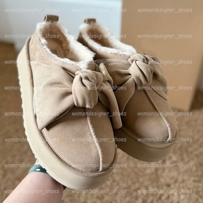 Designer Women Platform Slip On Bow Slippers Tazz Slipper With Big Bowtie Classic Ultra Mini Boots Genuine Leather Snow Booties Tasman Chestnut Sand