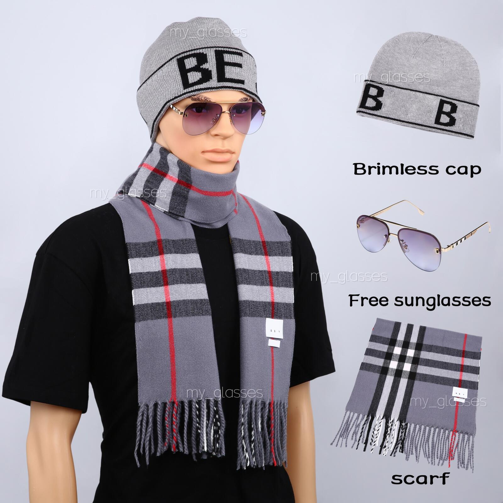 Conjunto de accesorios de tres piezas con gorro de punto con puños, flecos a cuadros, bufanda con flecos a cuadros y gafas de sol gratis, accesorios