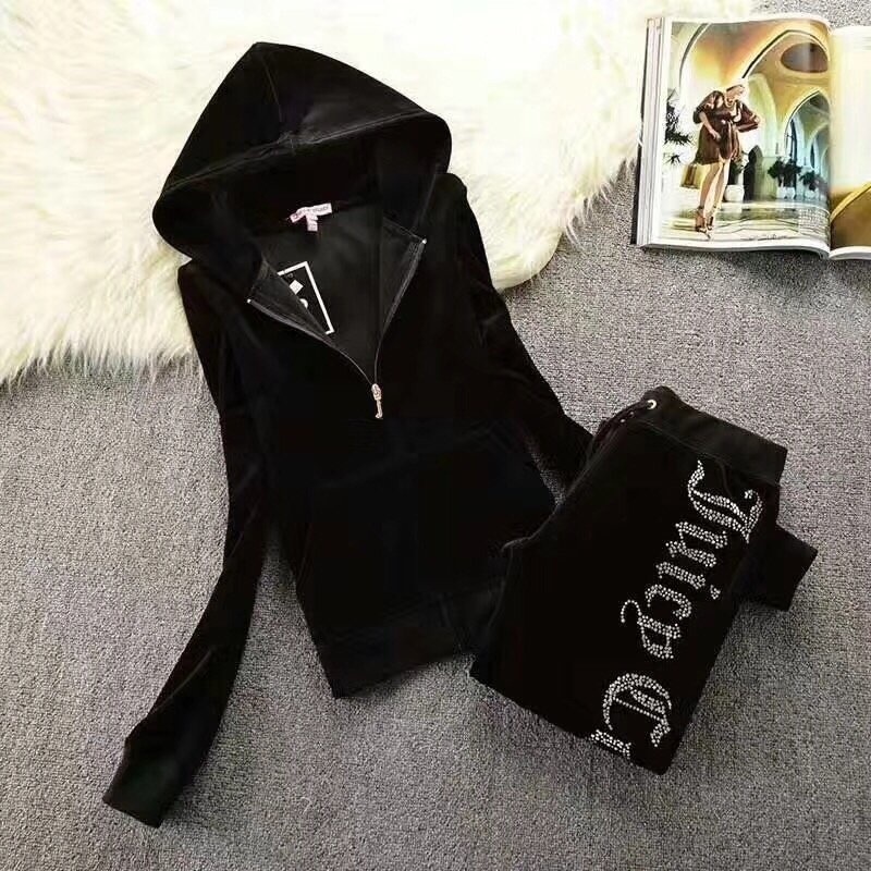 Velvet Women's Two-Piece Tracksuit with Crown-Letter Rhinestones - Hooded Jacket & Leggings