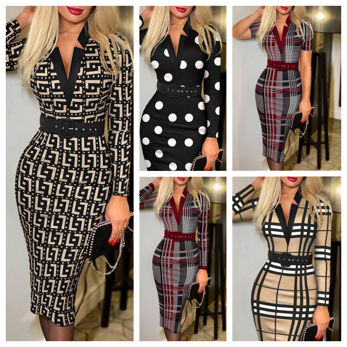 Women Casual Dresses Plaid V Neck Midi Bodycon Dress Long Sleeve Sexy Pencil Dress With Belt Elegant Party Office Dresses