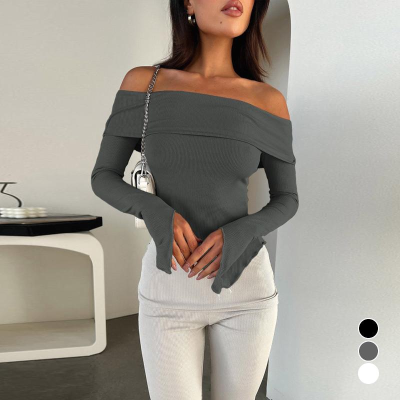 Designer Bestseller Women Sexy Off Shoulder Long Sleeve Top 2024 Spring Slim Fit Cropped T-Shirt Solid Color Casual Blouse