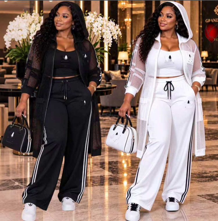 New womens embroidery 3-piece set Tracksuits loose vest & mesh hooded jacket & Straight-leg pants sets autumn winter sportswear