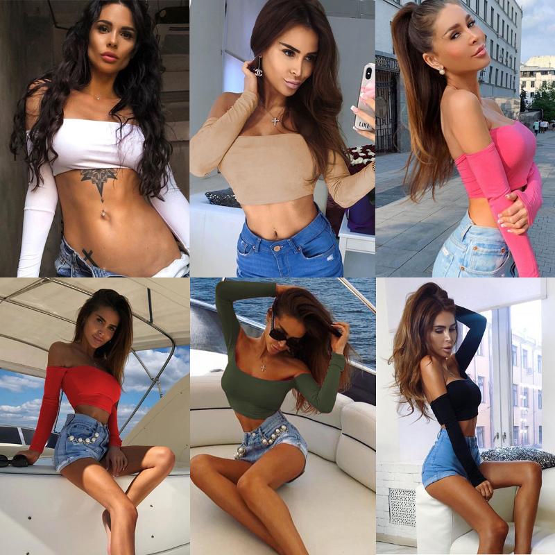 Designer Bestseller Women's Long Sleeve Off Shoulder Crop Top Slim Fit Solid Color Sexy Party Clubwear Basic Tee Shirt Blouse