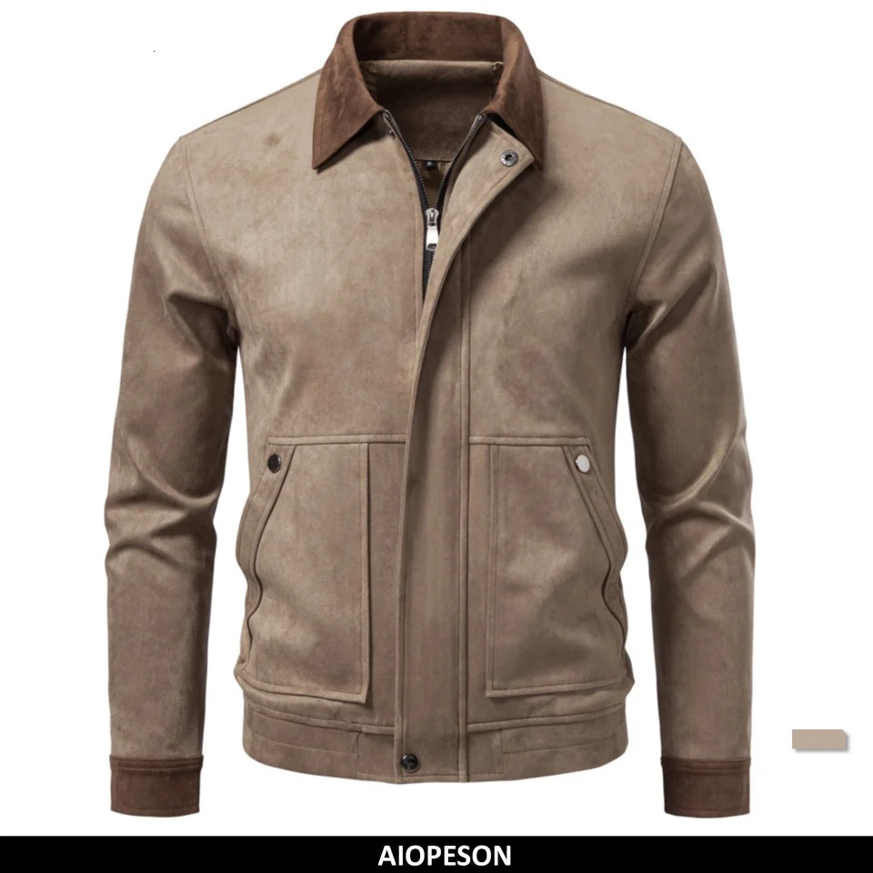 AIOPESON Men Vintage Business Jacket Faux Suede Zip Up Lapel Collar Pockets Ribbed Cuffs Color Block Slim Fit Spring Autumn Coat 260924