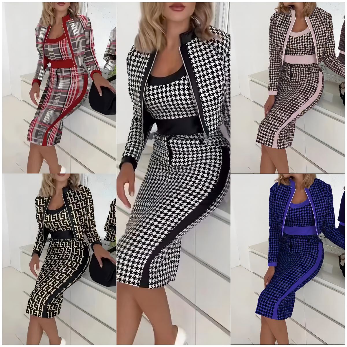 Vintage Houndstooth Print Skirt Sets Women Slim Short Long Sleeve Coat Vest High Waist Package Hip Skirt Three Piece Set Female