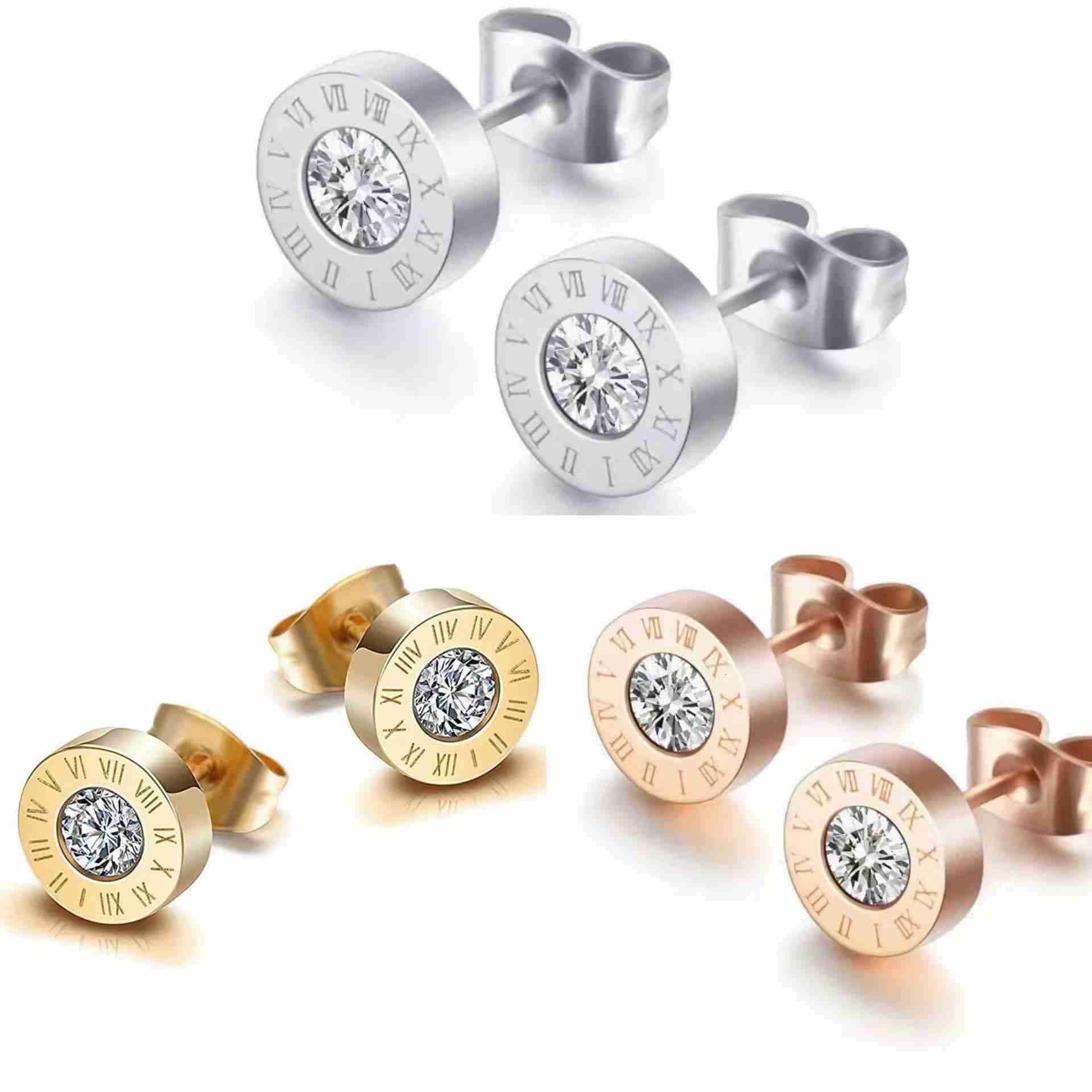 Stud 8MM Round Roman Numeral 316L Stainless Steel Shine Zircon Diamond Stud Earrings Black Gun Gold Plated Number Design For Women Men's Earrin