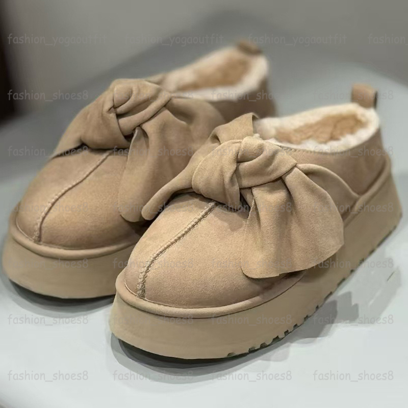 Designer Women Bow Tazz Platform Slippers Classic Mini Bows Boots Genuine Leather Winter Fur Slides Snow Boot Tazzellet Slipper Chestnut Sand Slip O
