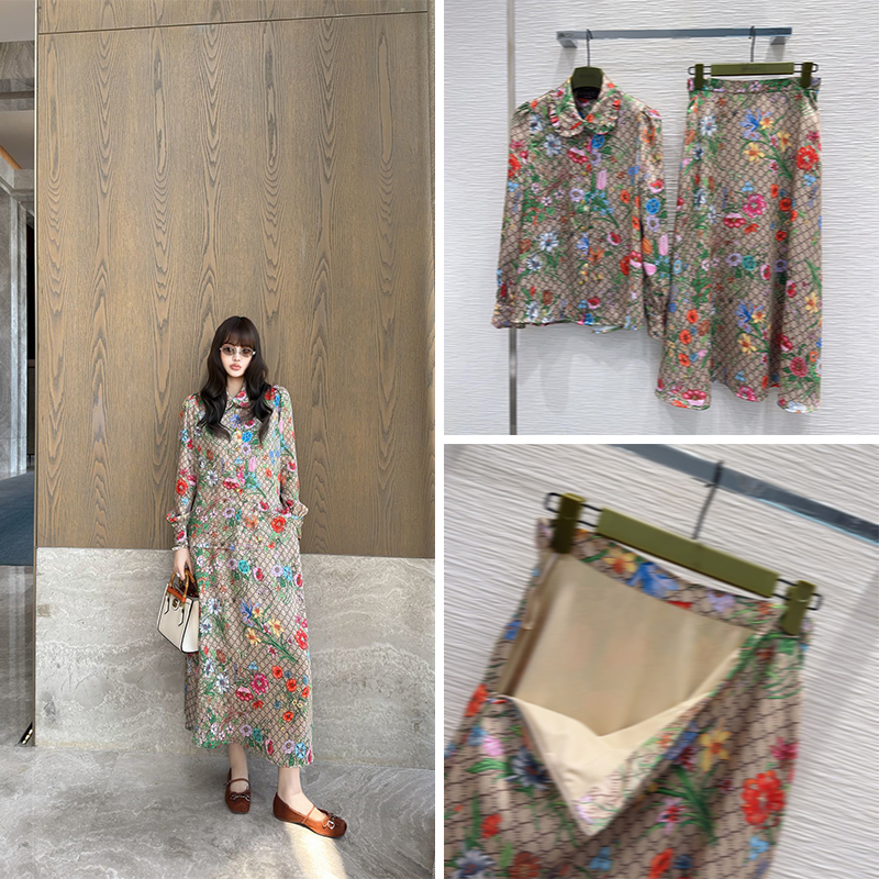 Floral Geometric Print Luxury Women Ruffle Collar Shirt Midi Skirt 2 Piece Set S-XL