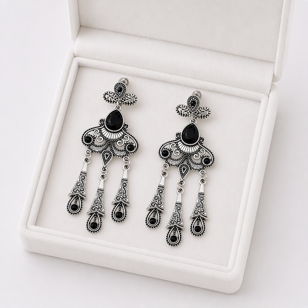 Boucles d'oreilles victoriennes en argent oxydé, avec pierres d'amande noire et trois gouttes, ensemble cadeau de fête pour femmes, vente en gros