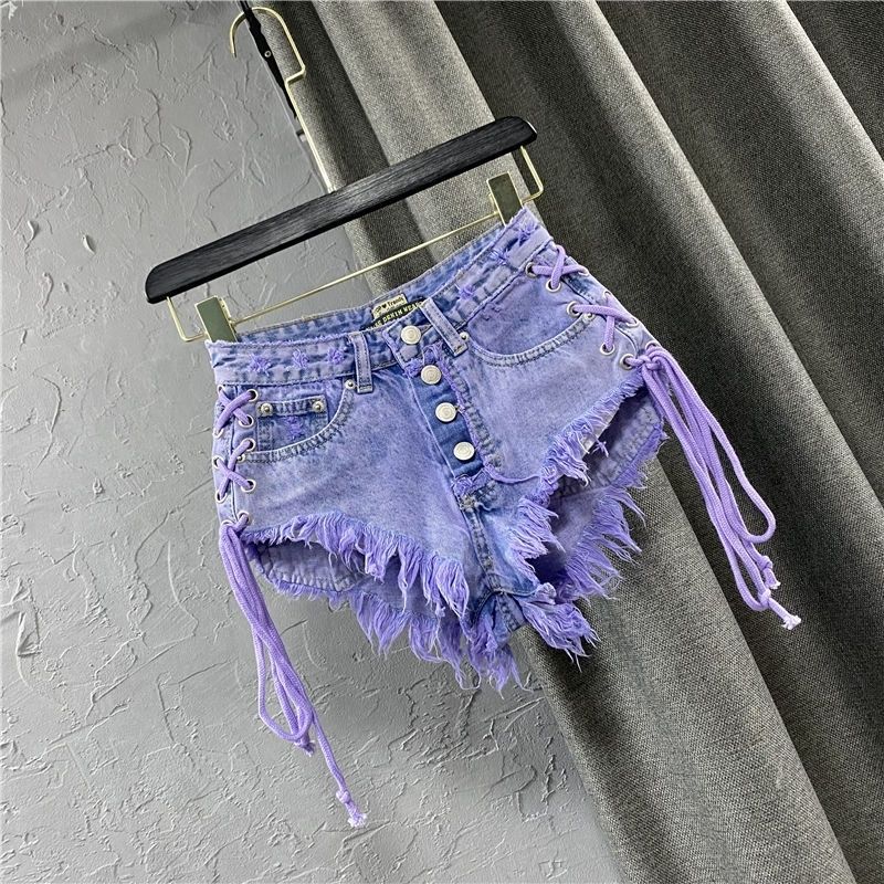 Women Purple Fringe Tie Denim Shorts Summer High Waist Button Ins Hot Girl Raw Edge Slim A Line Wide Leg Hot Pants Summer High Street Wrapped Hip Sh