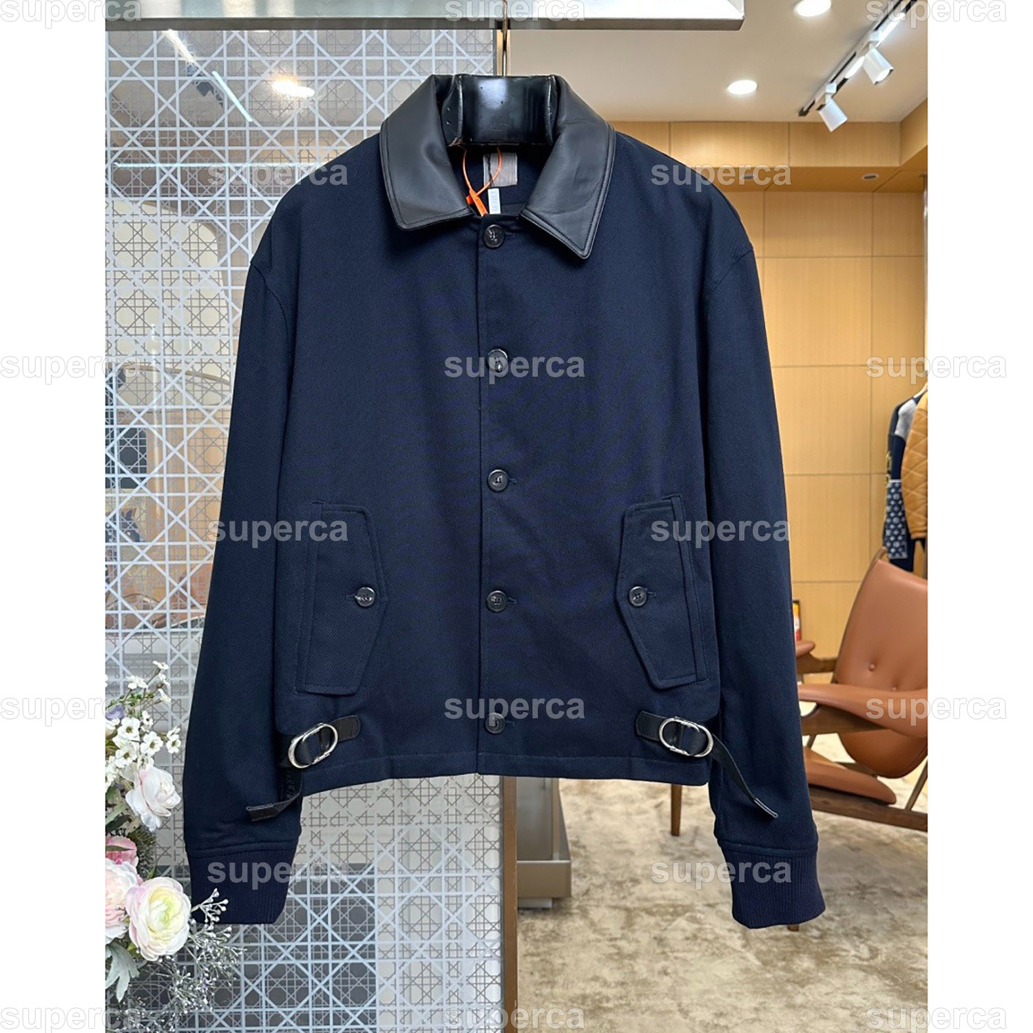 Luxury Designer Leather Collar Cargo Jacket Men Button Up Canvas Casual Outerwear Loose Fit Workwear Coat