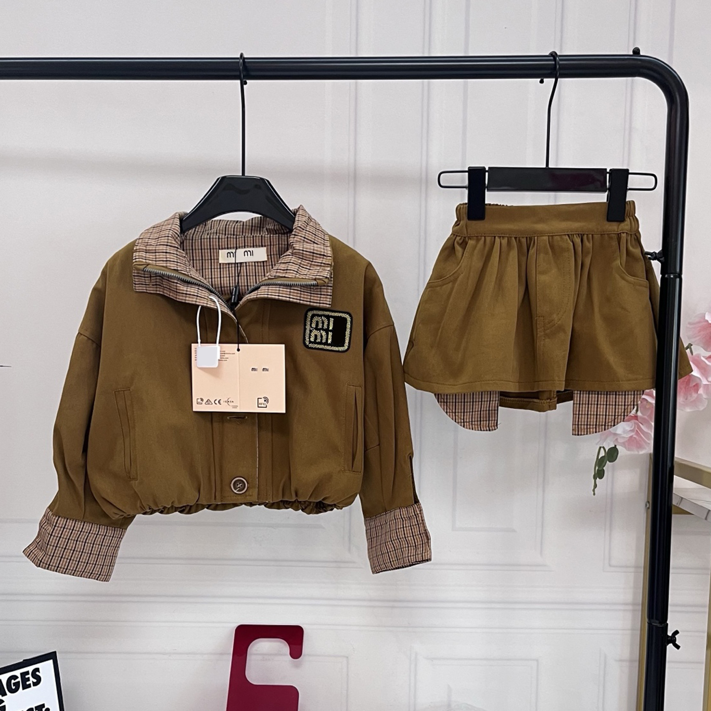 Luxury Designer Girls Jacket Skirt Set 2Pcs Toddler Teen Brown Plaid Spliced Jacket + A-line Skirt Kids Preppy Outfit Children Girl Clothes Size 90-