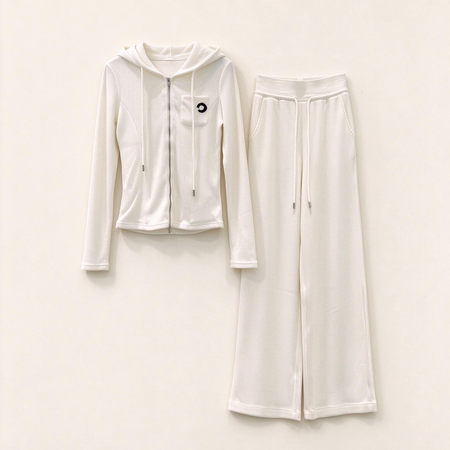 sweatsuits for women Ribbed Knit Two Piece Outfit CC Fashion logo Hooded Jacket Wide Leg Pants Set Black White Slim Fit Casual Tracksuit Vacation St