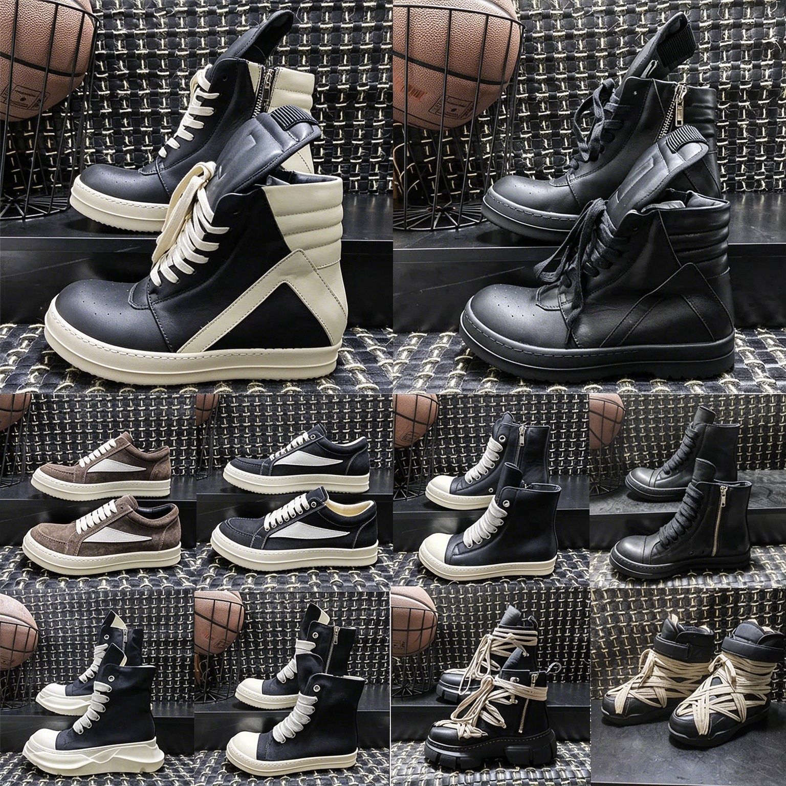 Top Quality Designer boots with box ricksownen shoes Genuine Leather furry canvas boots Luxury booties black white red high top horse hair boots low