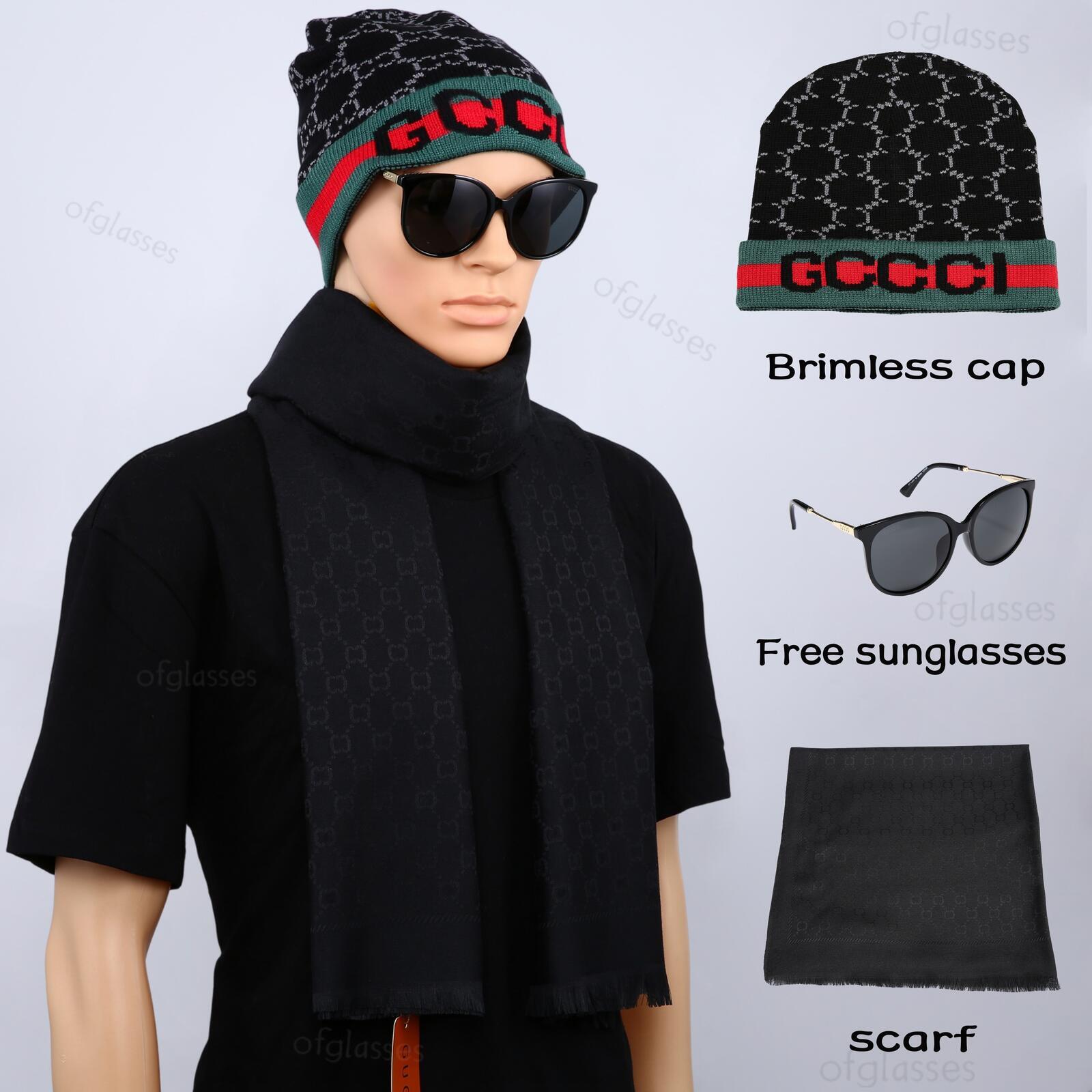 with Free Sunglasses Knit Beanie and Scarf Set Cuffed Brimless Hat Classic letters Pattern Fringe Scarf Autumn Winter Accessories Gift for Men and W