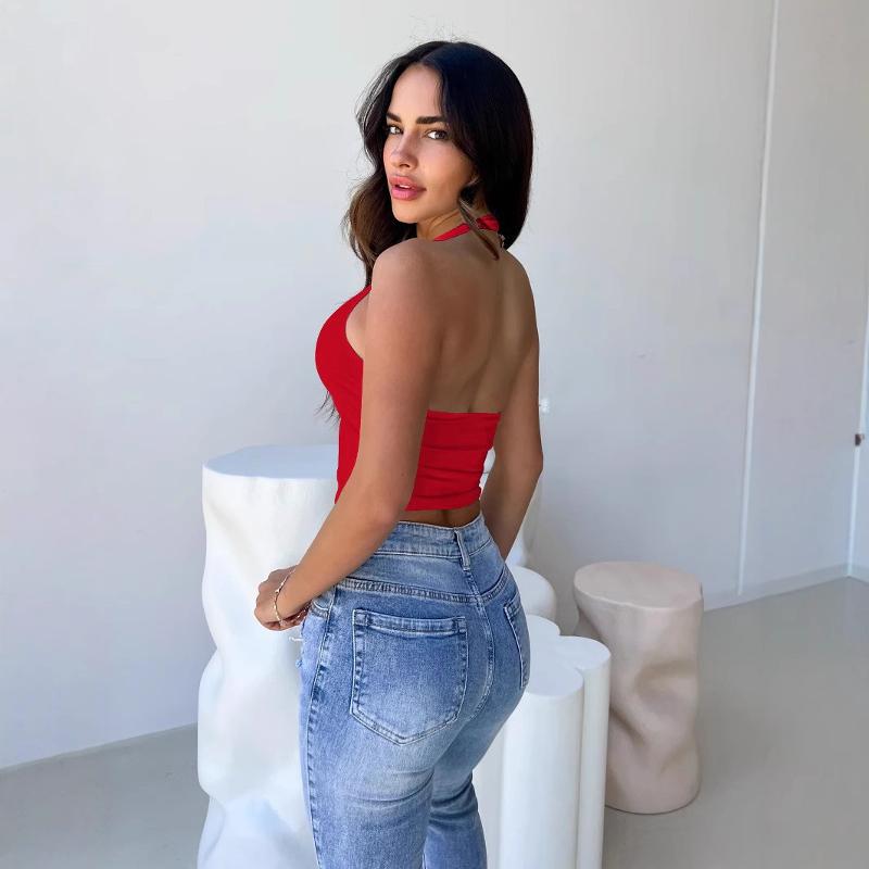 Designer High Quality Women Sexy V Neck Halter Crop Top Sleeveless Backless Solid Slim Fit Milk Silk Club Party Basic Tops