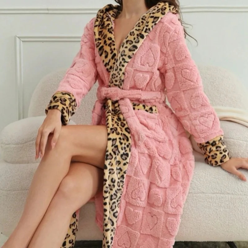 2026 Spring Womens Nightgown Leopard Print Bathrobe Cardigan Strap Hooded Loungewear 261017