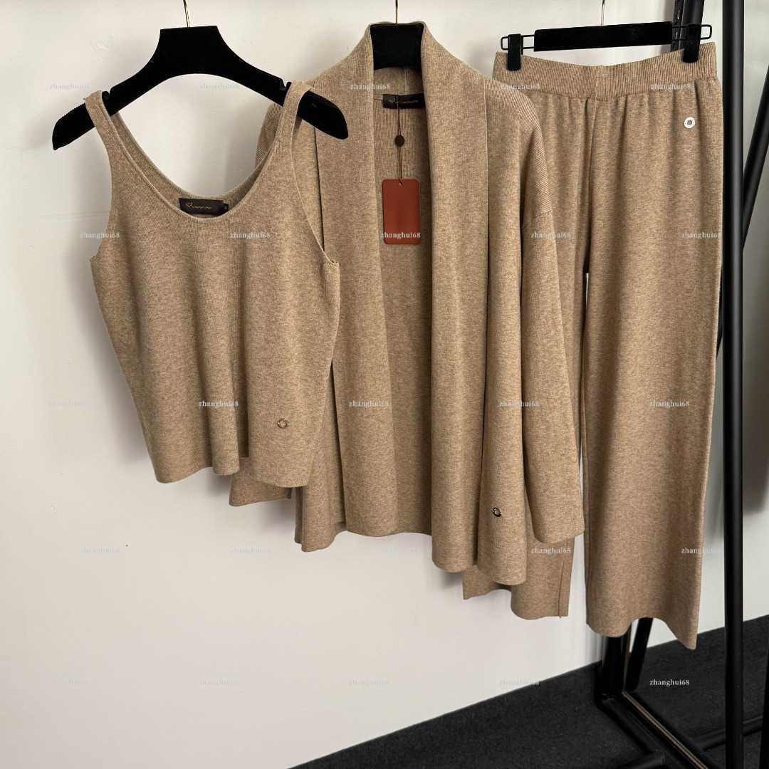 Luxury Women 3 Piece Outfit Set V Neck Tank Top Open Front Long Cardigan Elastic Waist Wide Leg Pants women designer clothes Solid Color Casual Suit