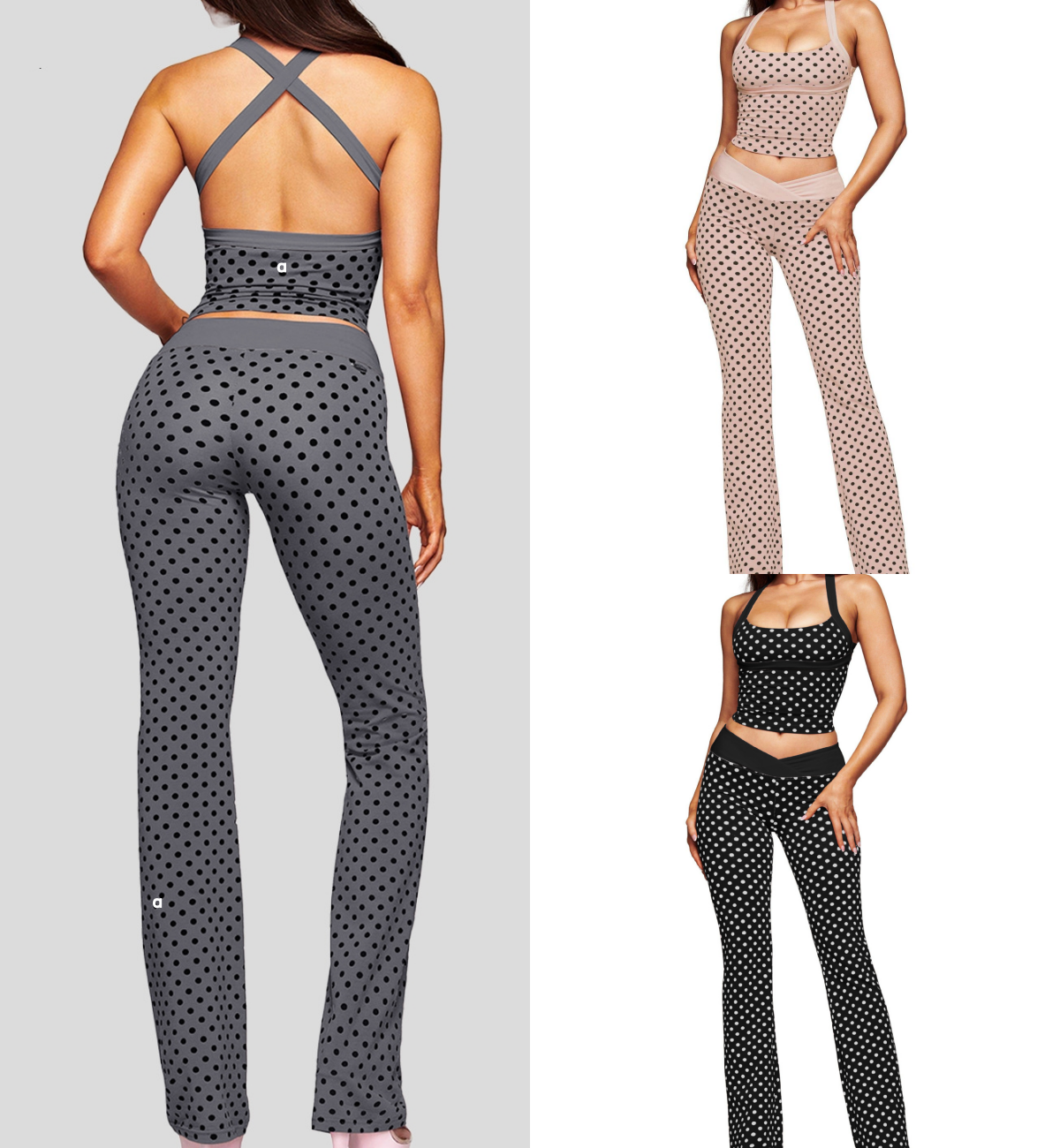A3053 Débardeur à pois à col licou Pantalon long Pantalon évasé Soutien-gorge avec surbrillance Dos Vêtements d'entraînement Vêtements de sport E