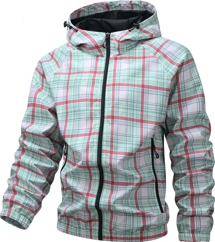 Men Plaid Hooded Outerwear Classic Plaid Print n Zipper Placket With Zipper Side Pockets Adjustable 260929
