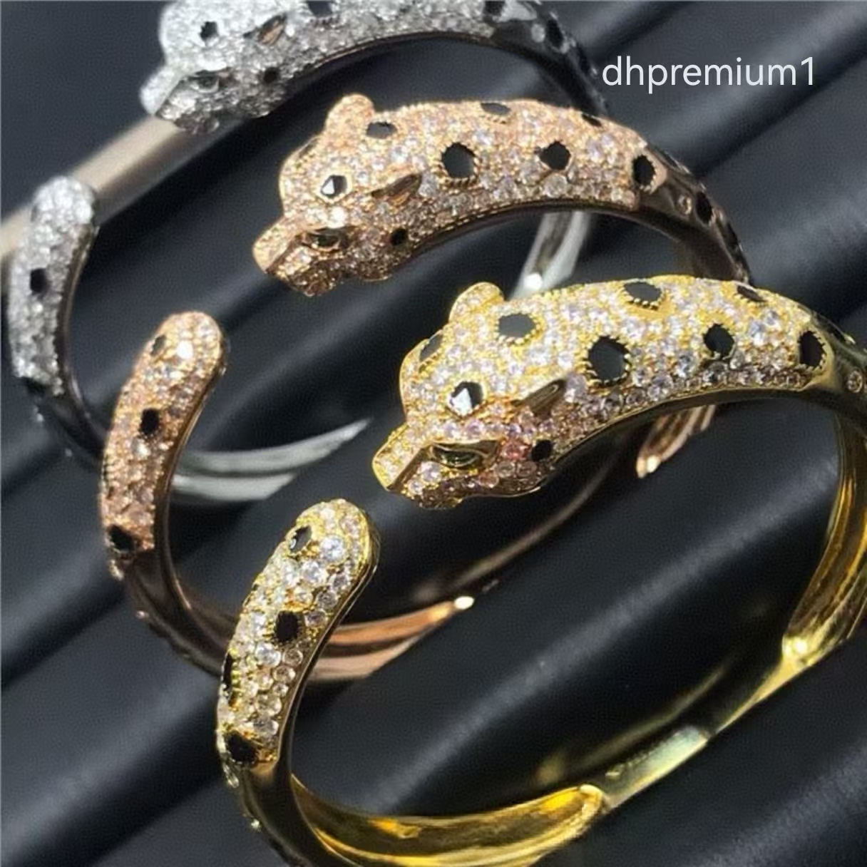 Designer Panther Head Open Cuff Bangle Men Women, Full Inlaid Stone Rose Gold Plated Bracelet With Black Spots Green Eyes, Statement Fashion Jewelry