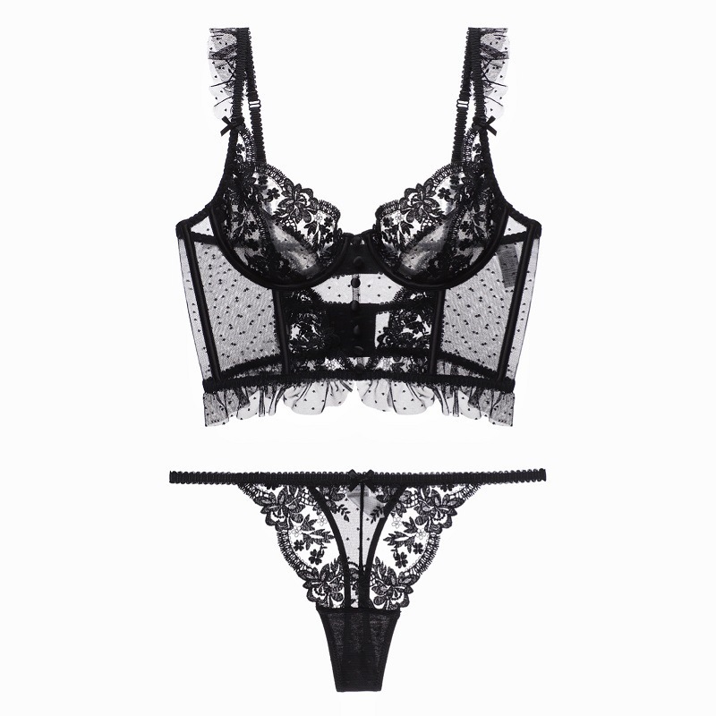 Ensemble de soutien-gorge corset long pour femmes avec désossage, dentelle florale à volants, bandoulière, beau dos, lingerie transparente, costu