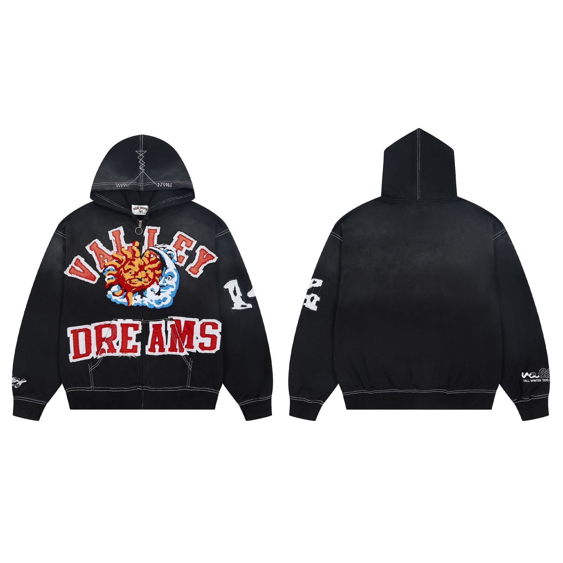 Valleyes Hoodie Vintage Graphic Zip Up Designer For Men Women Unisex Washed Black White Pullover Loose Cotton Sweatshirts Retro Print Valleysdreams