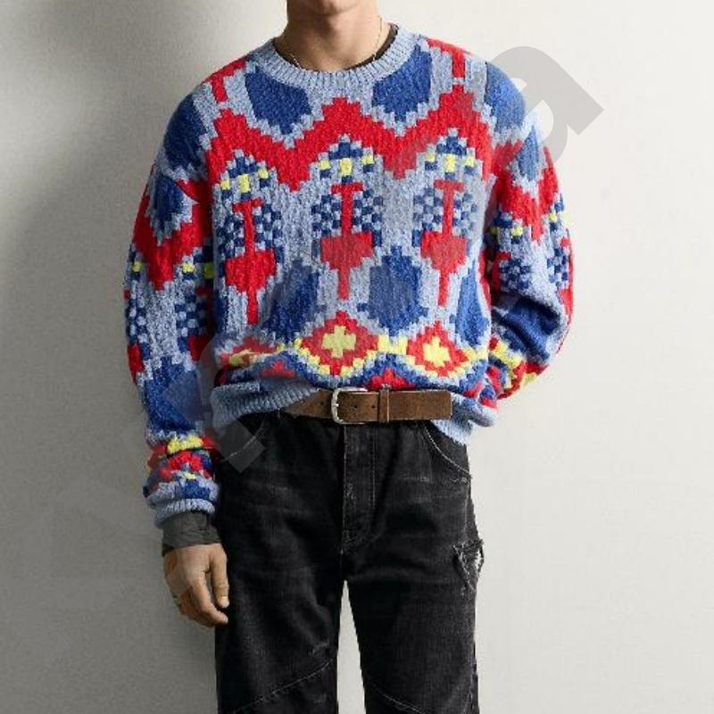 Men Fair Isle Geometric Pattern Crew Neck Knit Sweater Long Sleeve Loose Fit Soft Thick Knitted Pullover Casual Warm Jumper