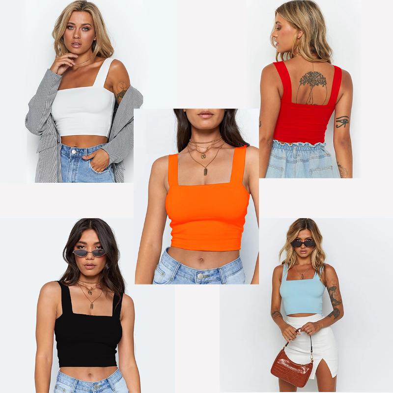 Designer Bestseller Women's Summer Square Neck Crop Top Sleeveless Slim Fit Solid Basic T-Shirt Casual Trendy Work Tee for EU US Buyers