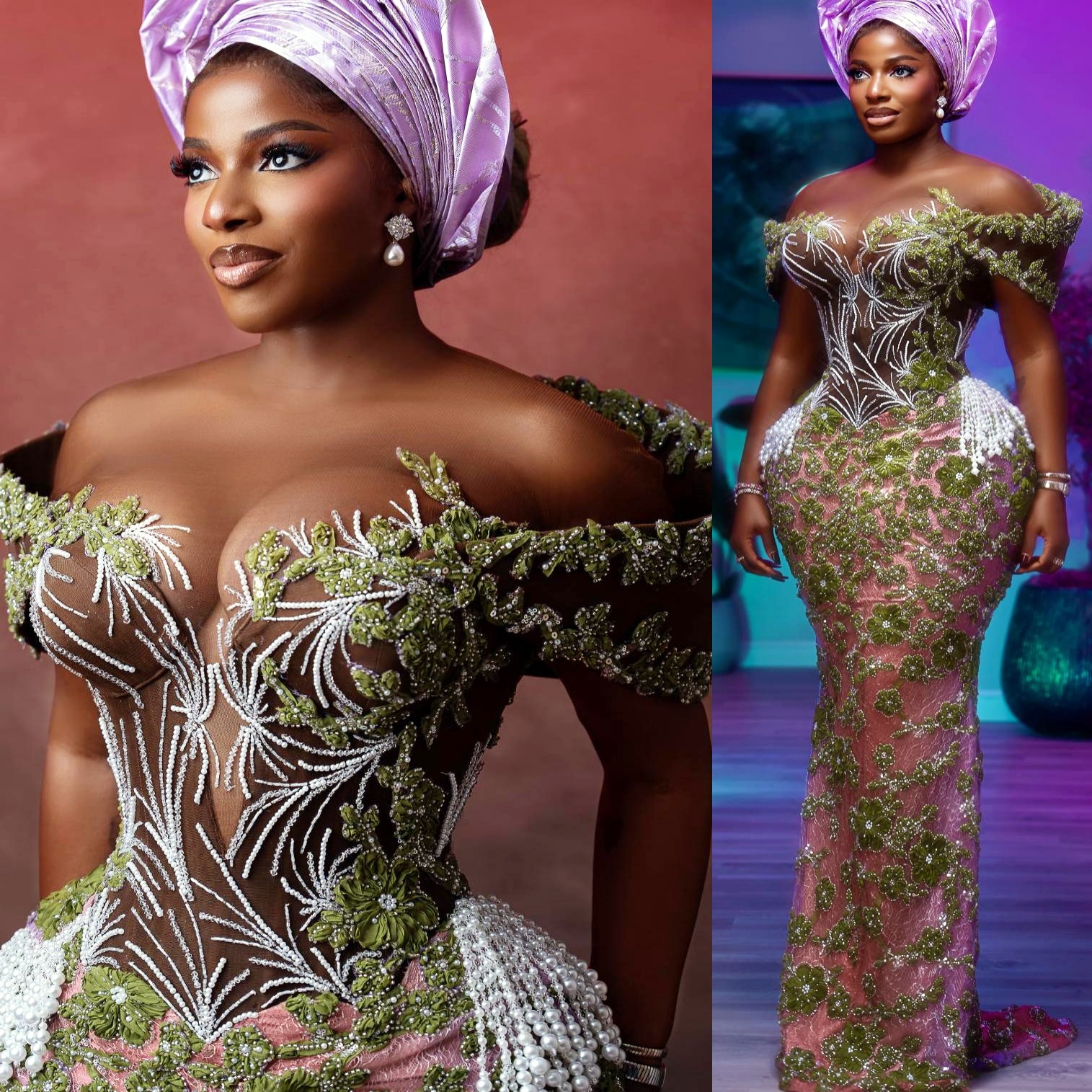 Aso Ebi Nigerian Mermaid Green Prom Dress 2026 Floral Lace Pearls Beaded Evening Dresses Birthday Formal Party Reception Second Long Dinner Dress Go