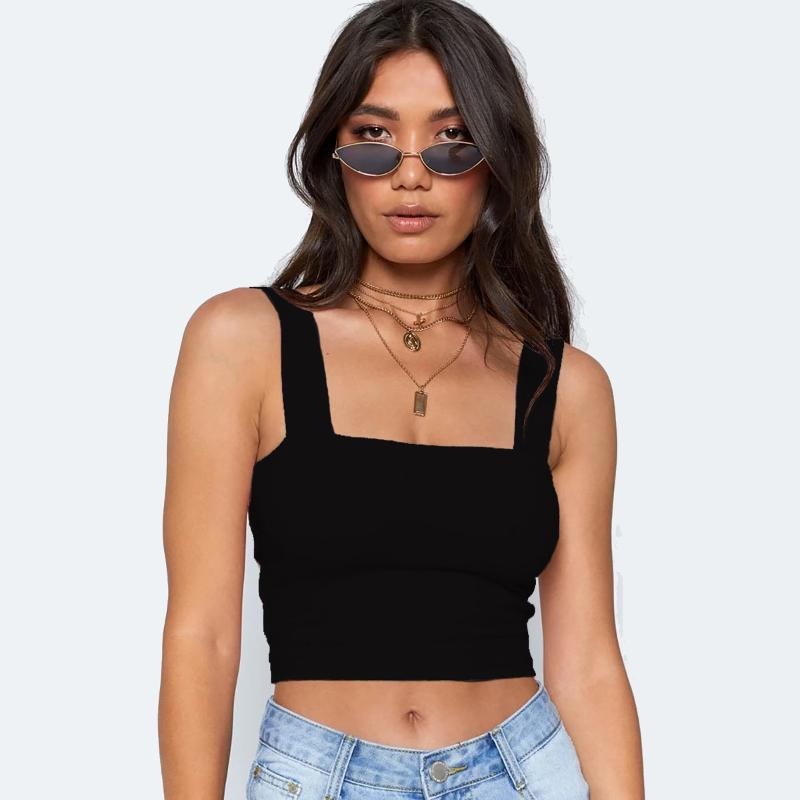 Designer Style High QualityWomen's Summer Square Neck Crop Top Sleeveless Slim Fit Solid Basic T-Shirt Casual Trendy Work Tee for EU US Buyers