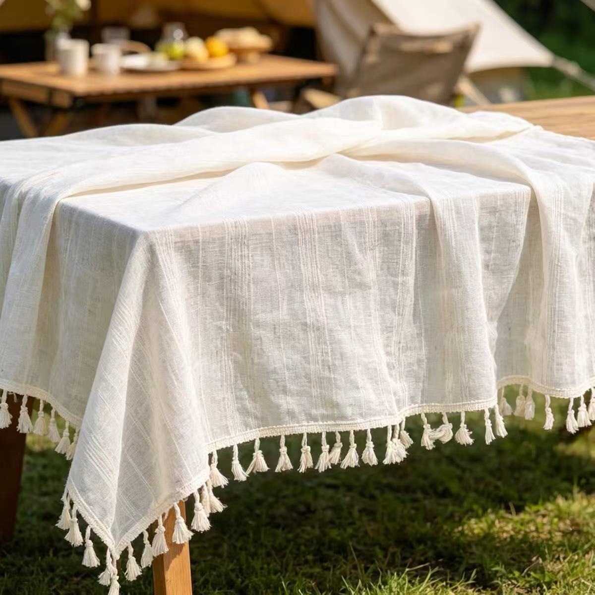 Nouvelle table à manger carrée en coton et lin de style français avec détails en dentelle