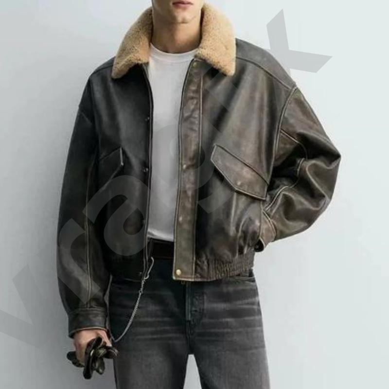Veste Vintage en simili cuir pour hommes, col rabattu, bouton, fermeture éclair, poches à rabat avant, ourlet élastique, coupe ample, vêtements d