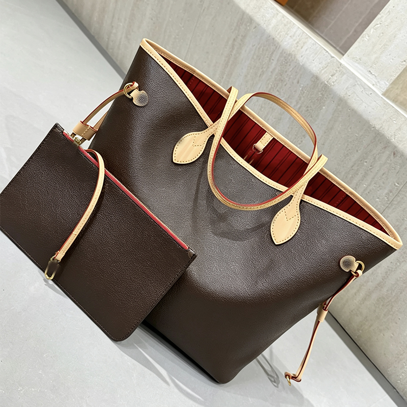 Sacs à main de luxe de designer en cuir véritable imprimé marron vintage avec sacs à main d'embrayage à glissière rouge intérieur femmes grand sa