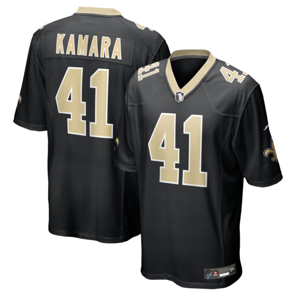 Saintss Alvin Kamara Noir/Blanc/Or Maillot de jeu en sergé entièrement brodé - Taille complète S-XXXL pour hommes, femmes et jeunes