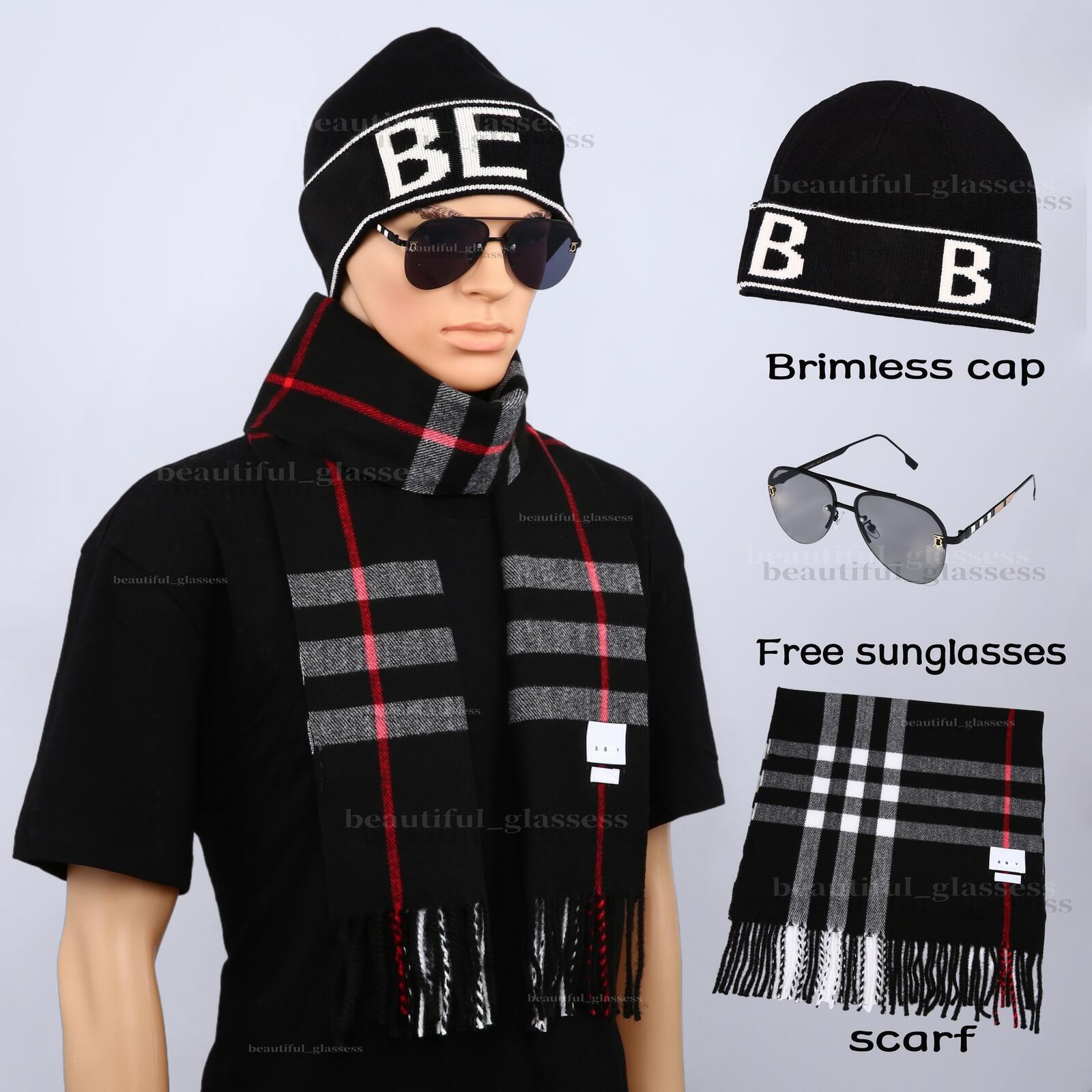 Conjunto de accesorios de moda de bufanda con flecos a cuadros y gorro de punto con letras y puños de 3 piezas con gafas de sol gratis
