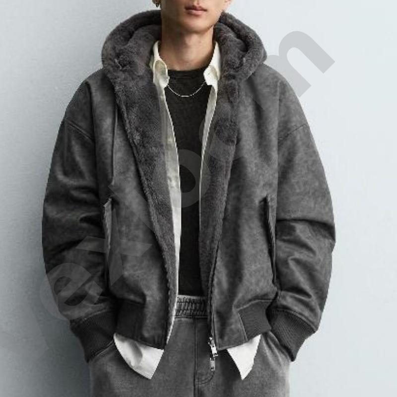Veste à capuche vintage en faux daim pour hommes, doublure polaire, manteau à fermeture éclair complète, poignets côtelés, cordon de serrage, cou