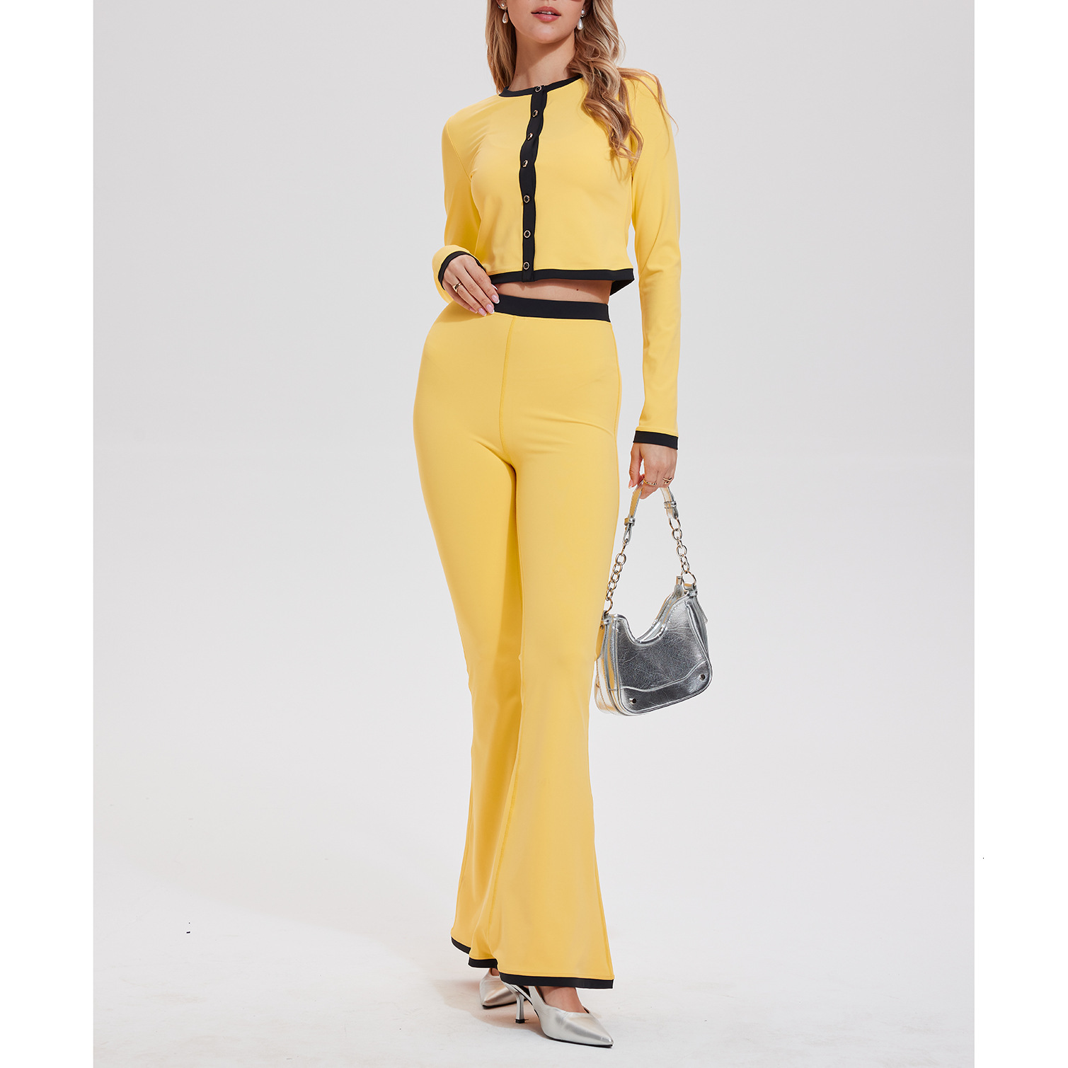 Mignon décontracté 2 pièces ensemble femmes survêtement côtelé simple boutonnage haut court pantalon évasé maigre rue élastique correspondant ten
