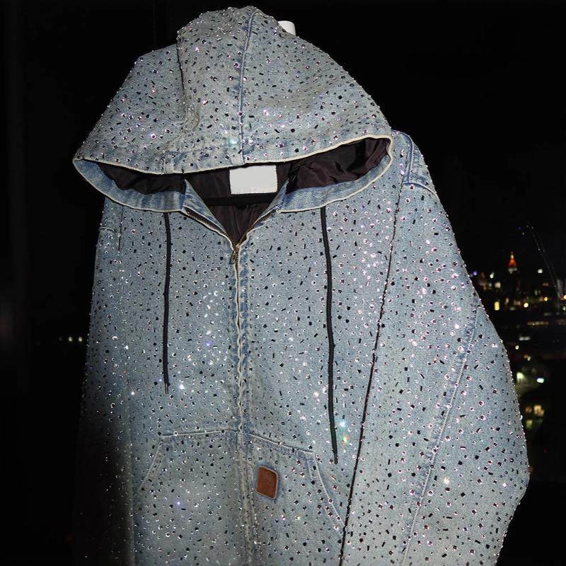 Designer Best-seller Veste à capuche en denim strass pour hommes Coupe ample Hip Hop Streetwear Diamant clouté Zip Up Manches longues Y2K Vêtemen