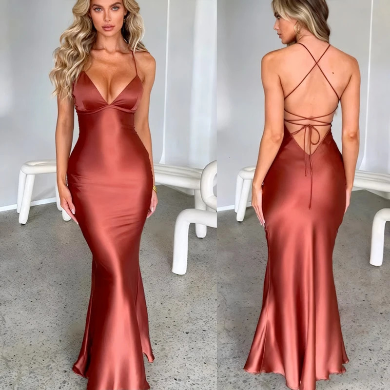 Fashion Backless Womens Evening Dresses Slash Neck Spaghetti Strap Satin Dress Spring and Summer High Waist Slim Lady 251230