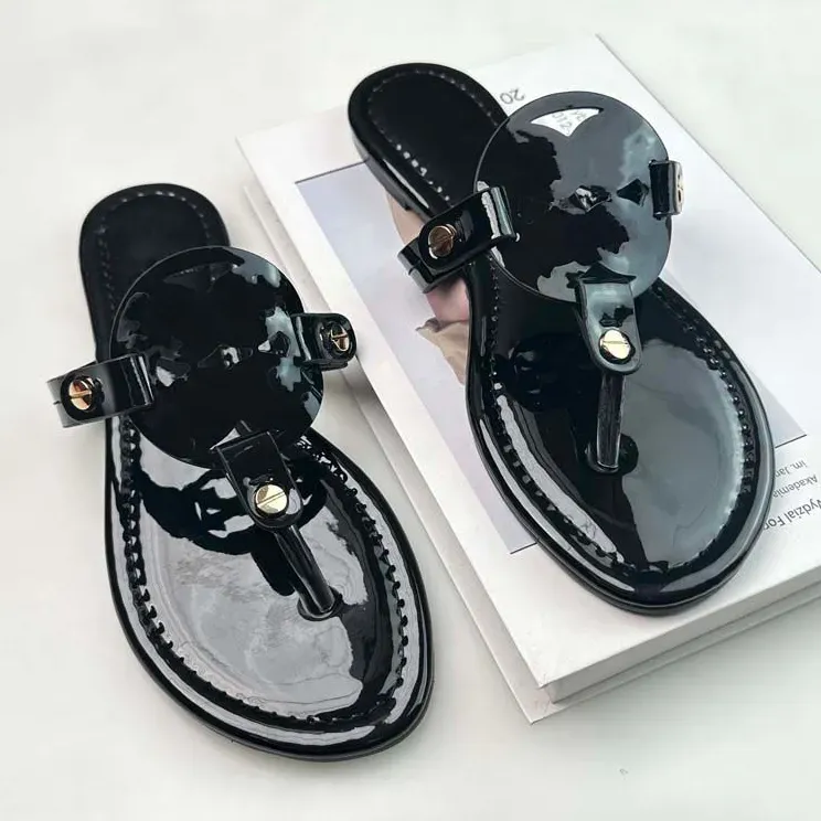 Luxury Tb Designer Slides Womens Summer Beach Casual Sandals Flat Bottom New Designer Flip Flops Printed Jelly Rubber Leather Women Dress Shoes